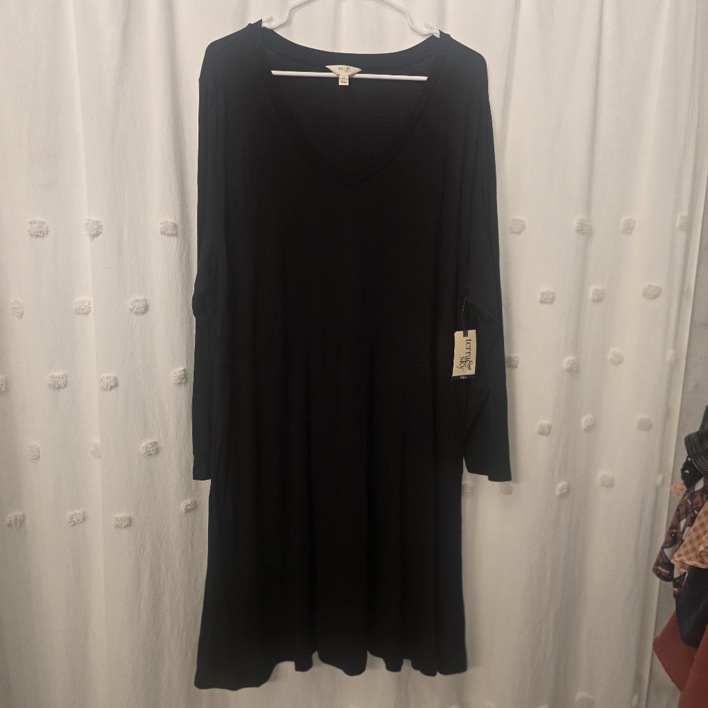 Terra & Sky Wms Black Dress W/ Povkets Sz 2x Nwt 3/4 Sleeves